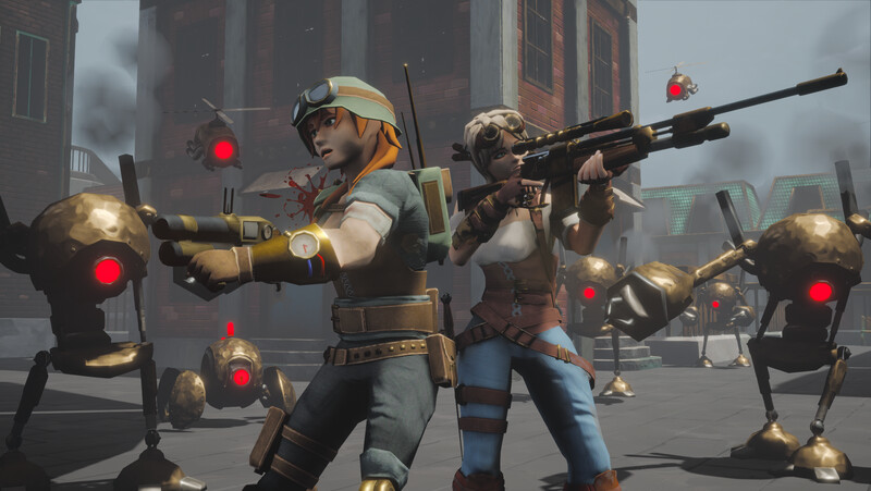 Two rebels fighting aboard a brass-clad airship